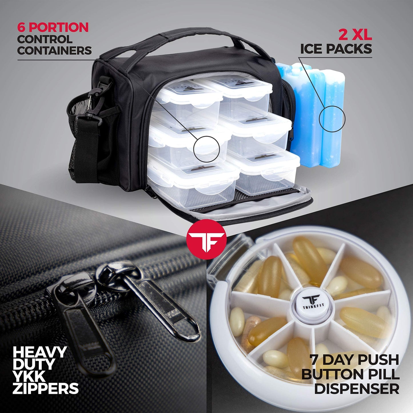Black travel bag with compartments, ice packs, and a pill dispenser on a gray background.