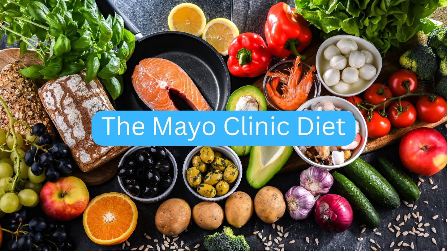Assorted fruits, vegetables, and grains with 'The Mayo Clinic Diet' text overlay on a dark surface.