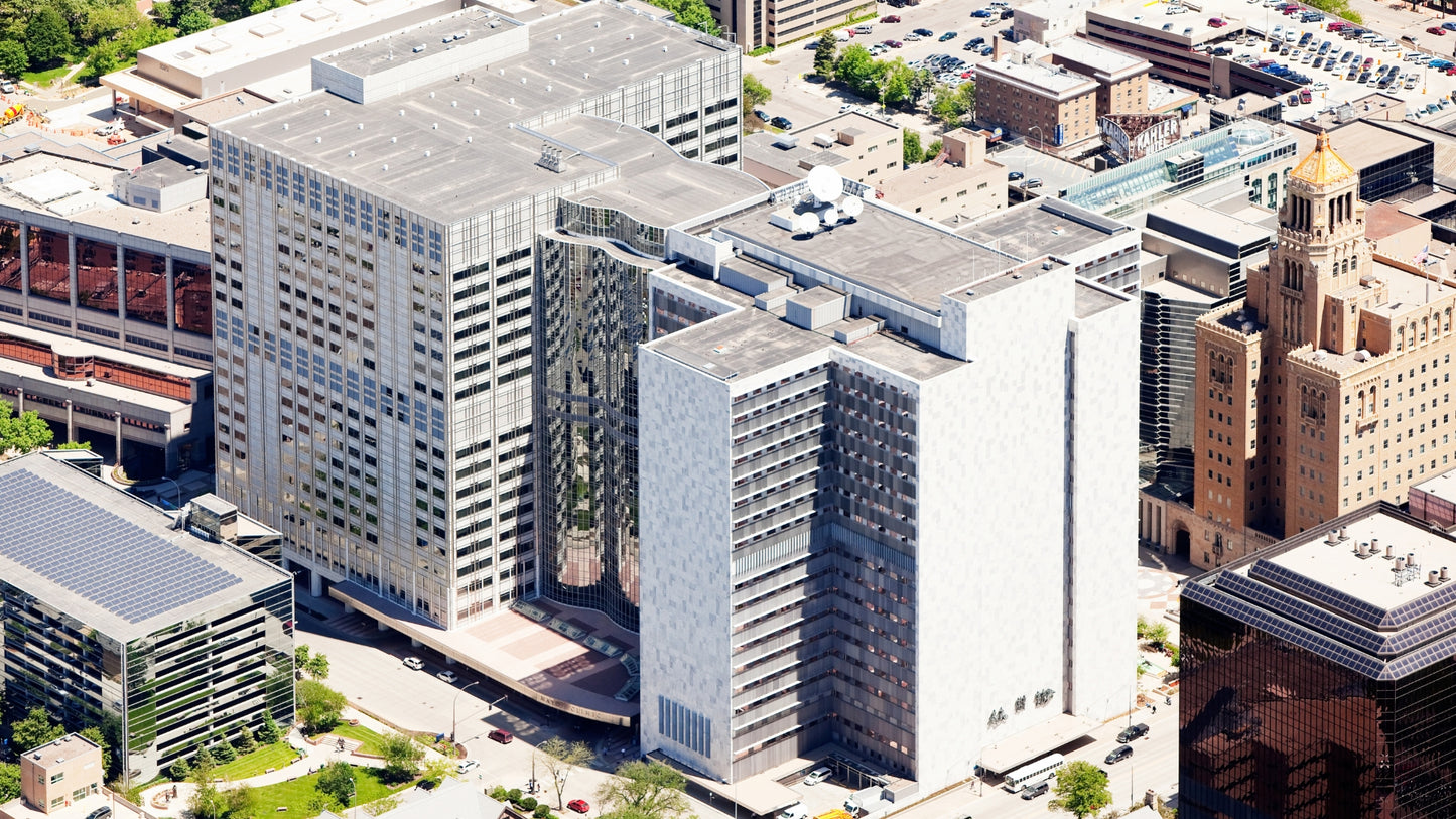 Aerial view of a modern office building in an urban setting