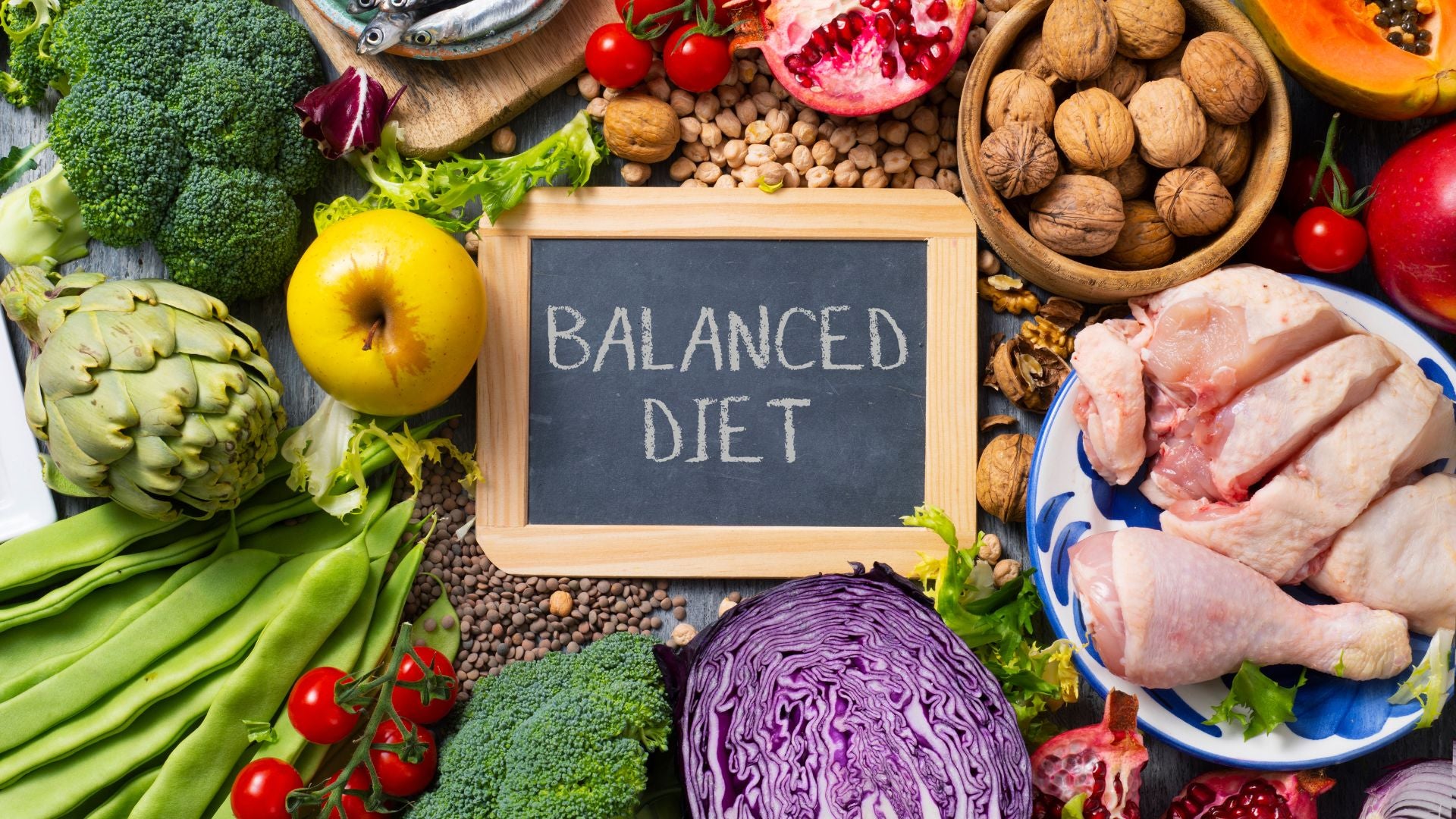Assorted fresh produce including fruits, vegetables, and meats with a sign indicating a balanced diet.