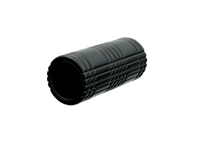 Black foam roller on a white background
