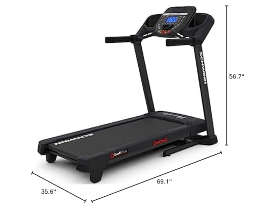 Treadmill with dimensions labeled on a white background