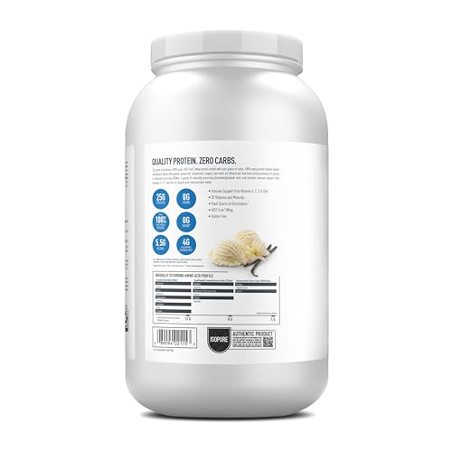 White protein powder container with label on a white background