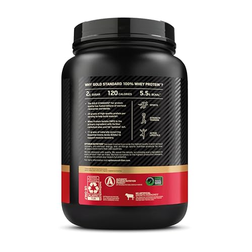 Black protein powder container with label on a white background