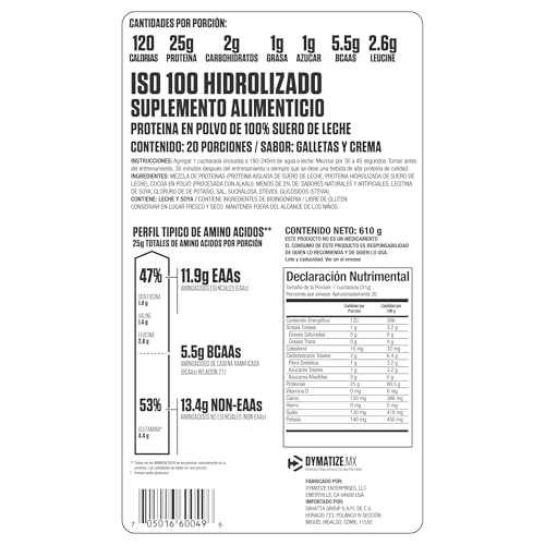 Nutritional label for ISO 100 Hidrolizado supplement on a white background