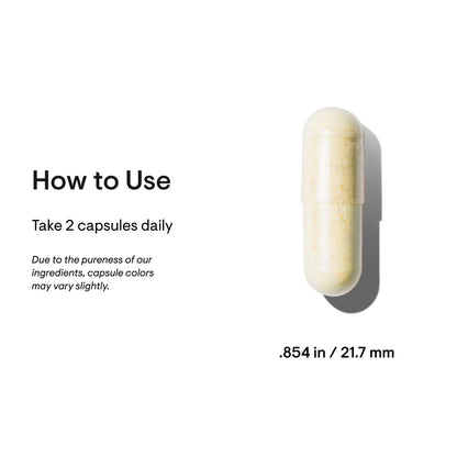Capsule with usage instructions and dimensions on a white background