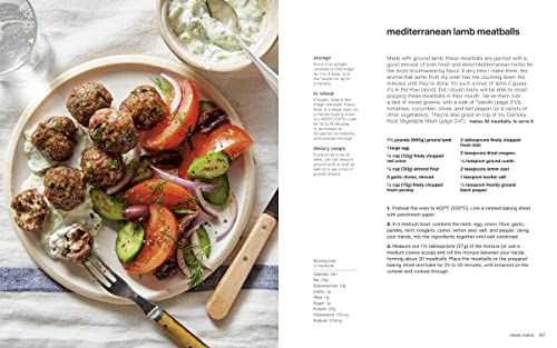 Plate of Mediterranean lamb meatballs with salad and tzatziki on a tablecloth, next to a recipe card.