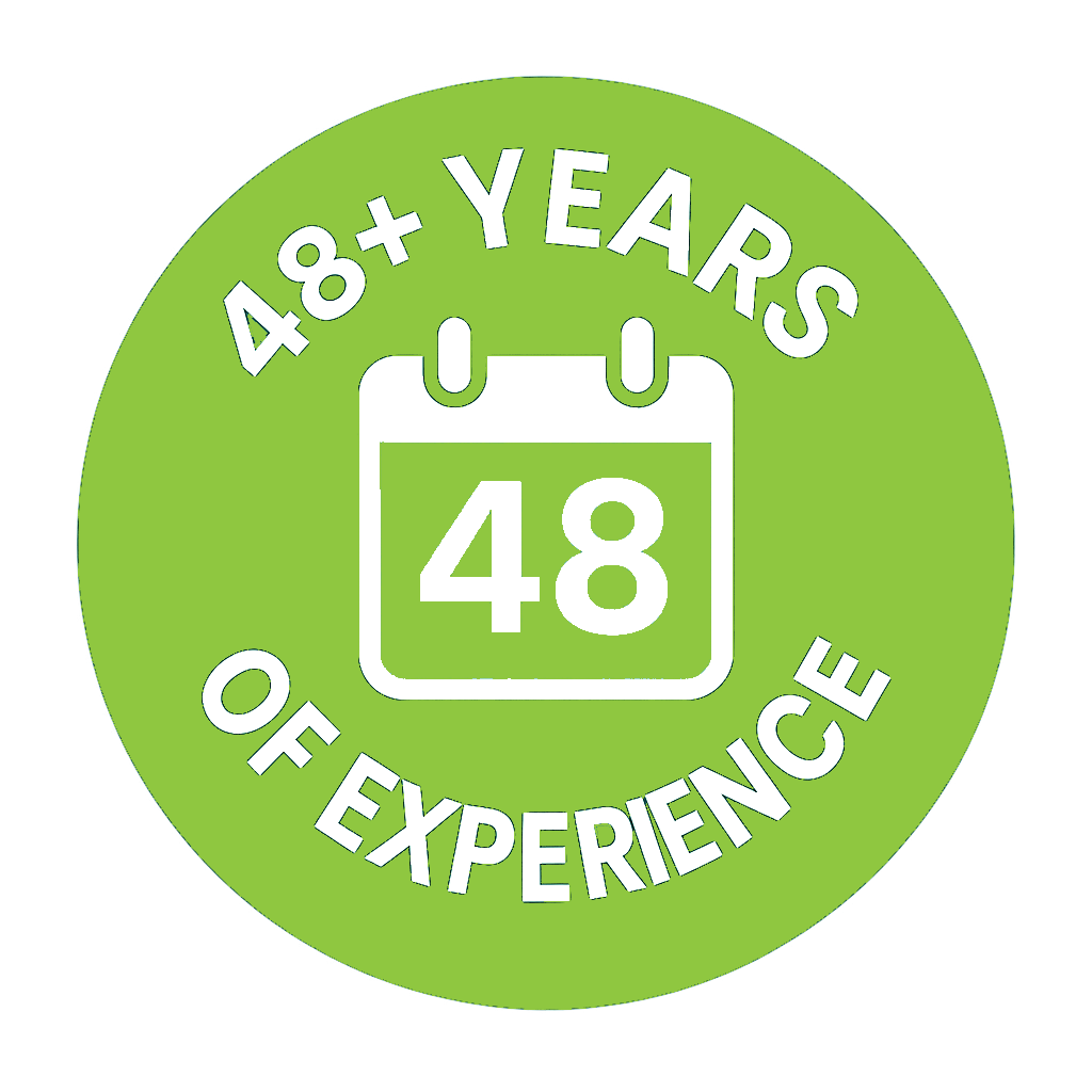 Green badge with '48+ Years of Experience' text and a calendar icon.