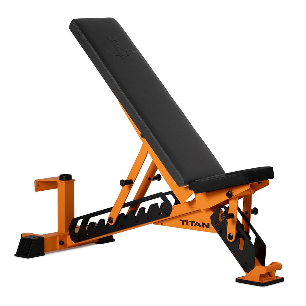 Orange and black weight bench with 'Titan' branding on a white background