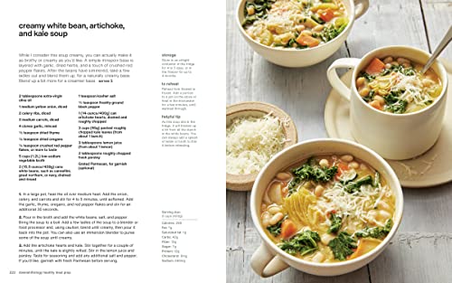 Bowls of creamy white bean, artichoke, and kale soup on a wooden surface with a recipe text overlay.