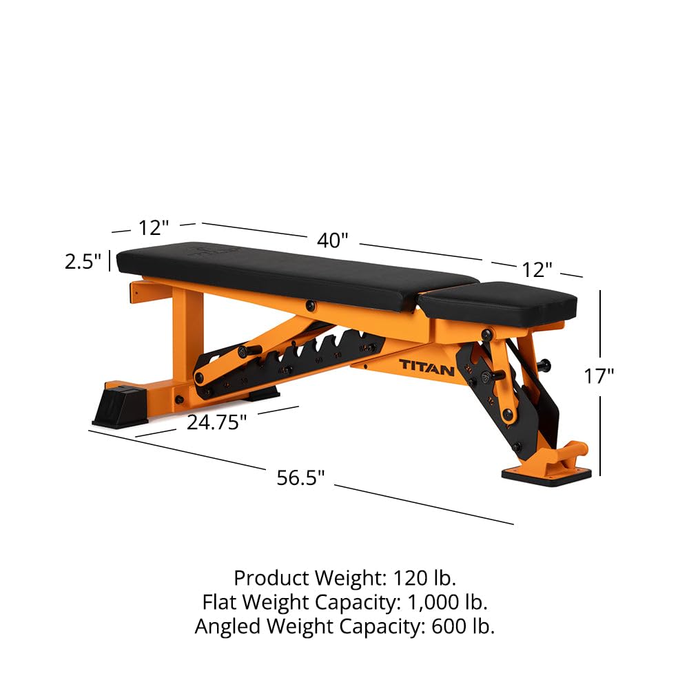 Folding weight bench with dimensions and capacity details on a white background
