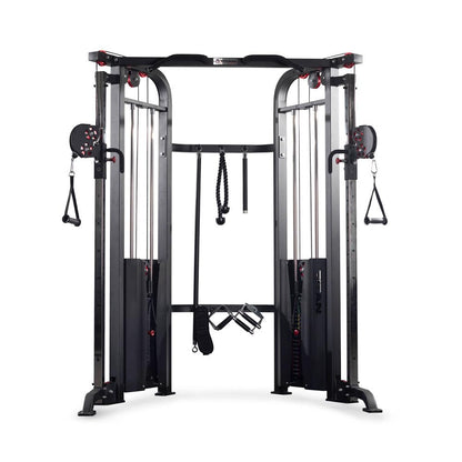 Gym equipment with multiple attachments on a white background
