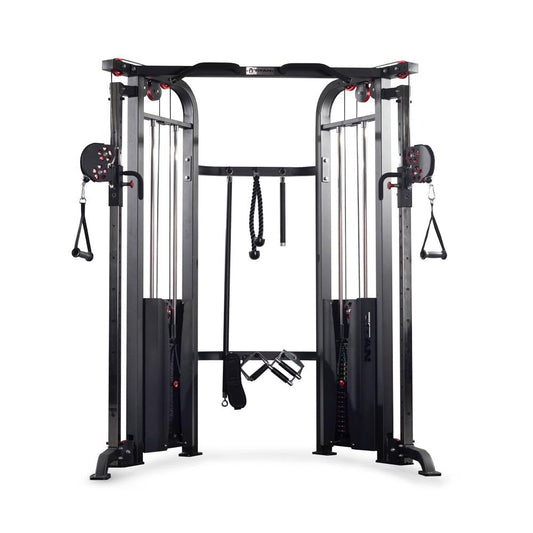 Gym equipment with multiple attachments on a white background