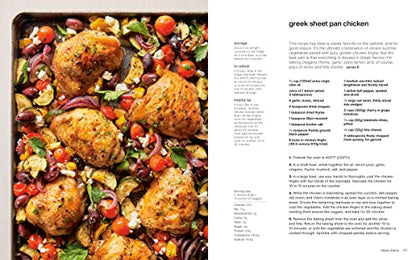 Sheet pan with baked chicken and vegetables alongside a recipe text on a white background