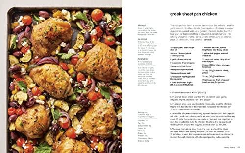 Sheet pan with baked chicken and vegetables alongside a recipe text on a white background