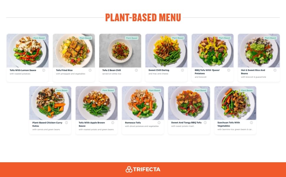 Plant-based menu with various dishes displayed on a white background, featuring the Trifecta brand.
