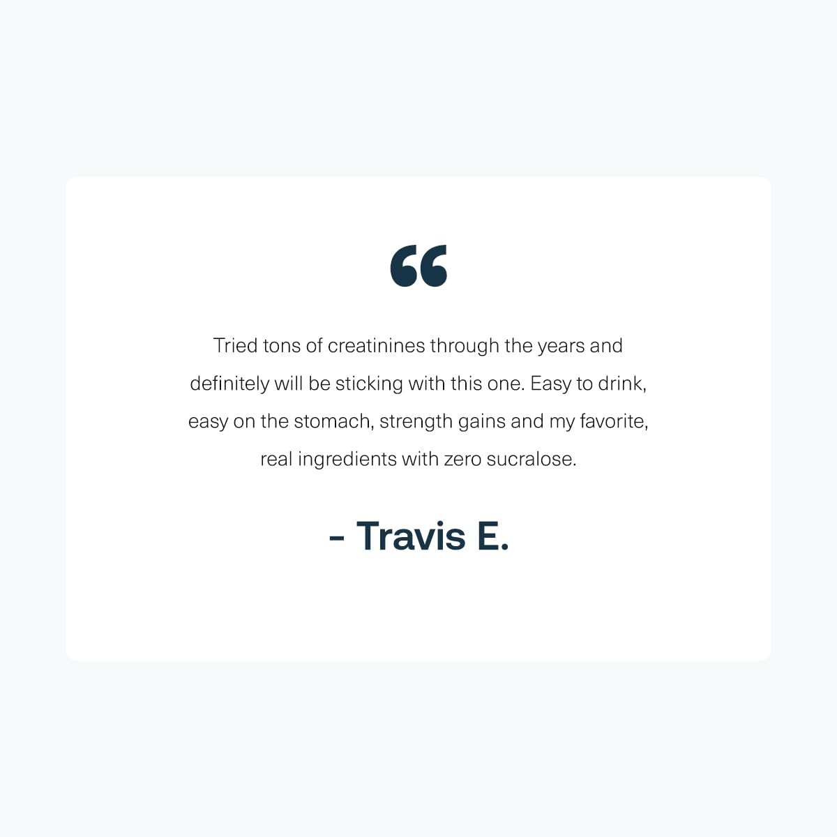 Product review with a quote from Travis E. on a white background