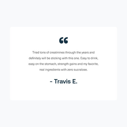 Product review with a quote from Travis E. on a white background