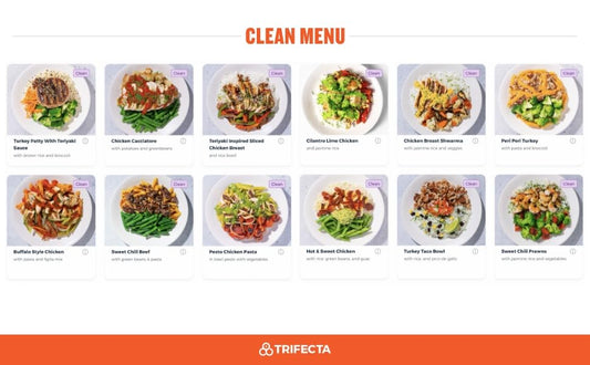 Menu with various food items and Trifecta logo at the bottom.