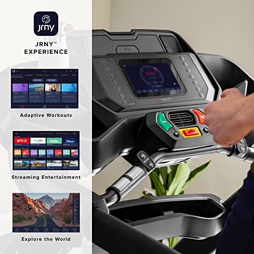 Treadmill with digital display and control panel, featuring JRNY branding and streaming entertainment options.
