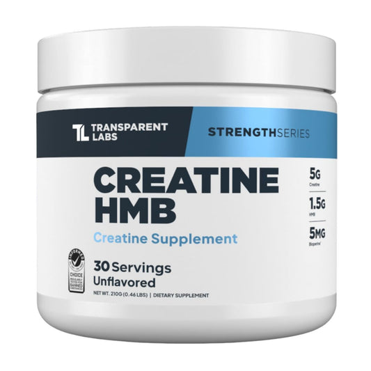 Creatine HMB supplement container with Transparent Labs branding on a white background