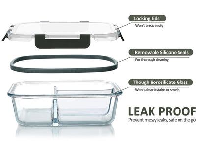 Glass food container with features highlighted on a white background