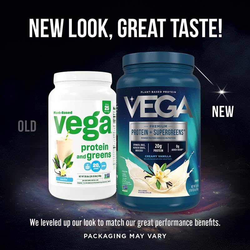 Comparison of old and new Vega protein and greens packaging on a dark background with text about taste and packaging changes.