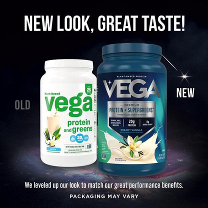 Comparison of old and new Vega protein and greens packaging on a dark background with text about taste and packaging changes.