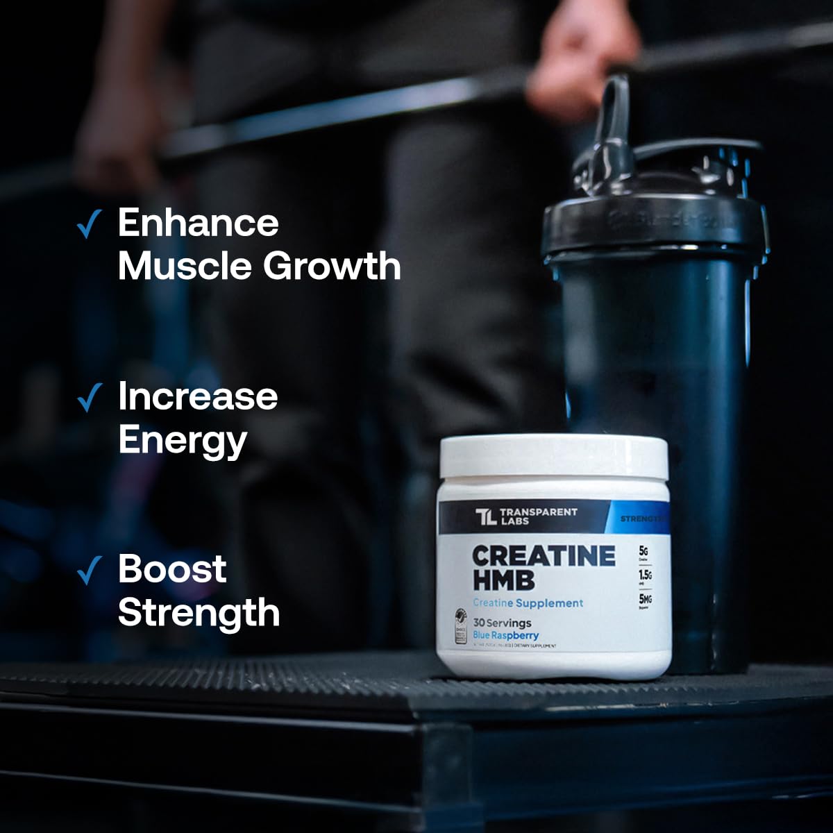 Transparent Labs Creatine HMB supplement with a person lifting weights in the background