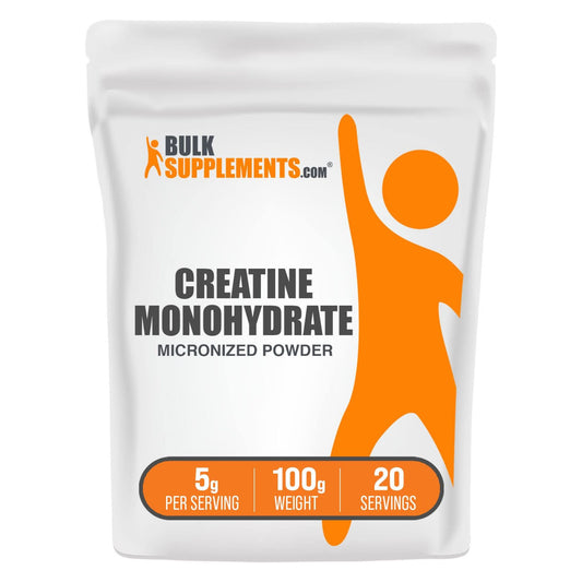 Package of Bulk Supplements Creatine Monohydrate powder with an orange figure on a white background