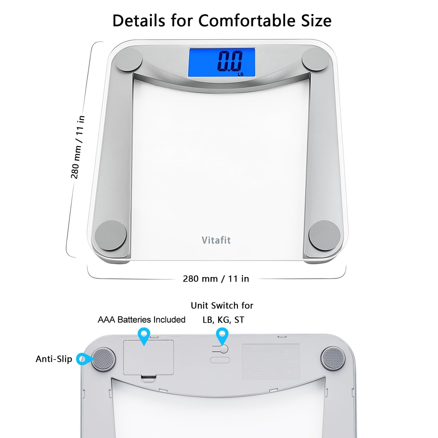 Digital body fat scale with dimensions and features highlighted on a white background