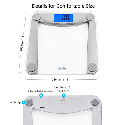 Digital body fat scale with dimensions and features highlighted on a white background