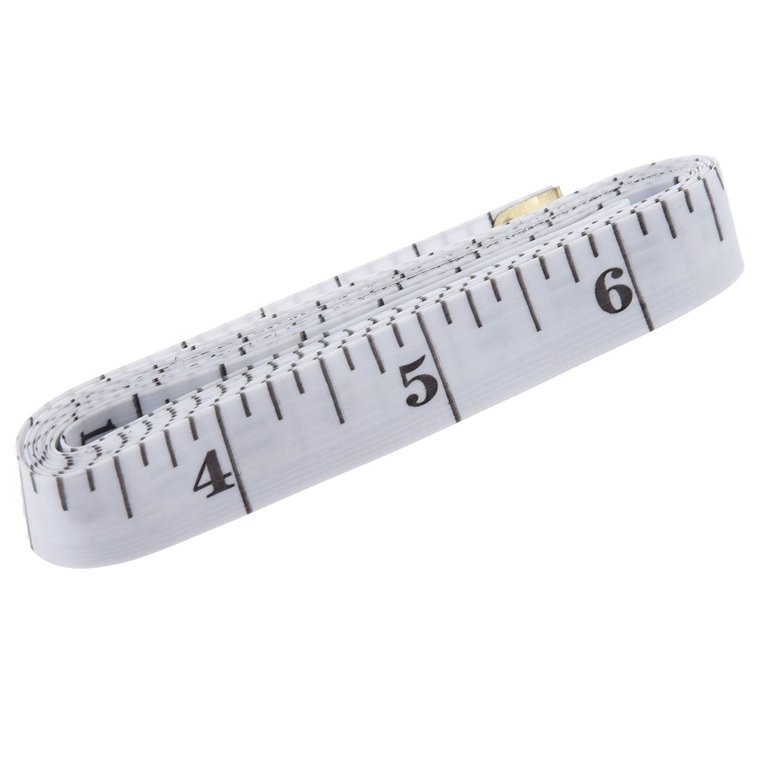 White measuring tape with black markings on a white background
