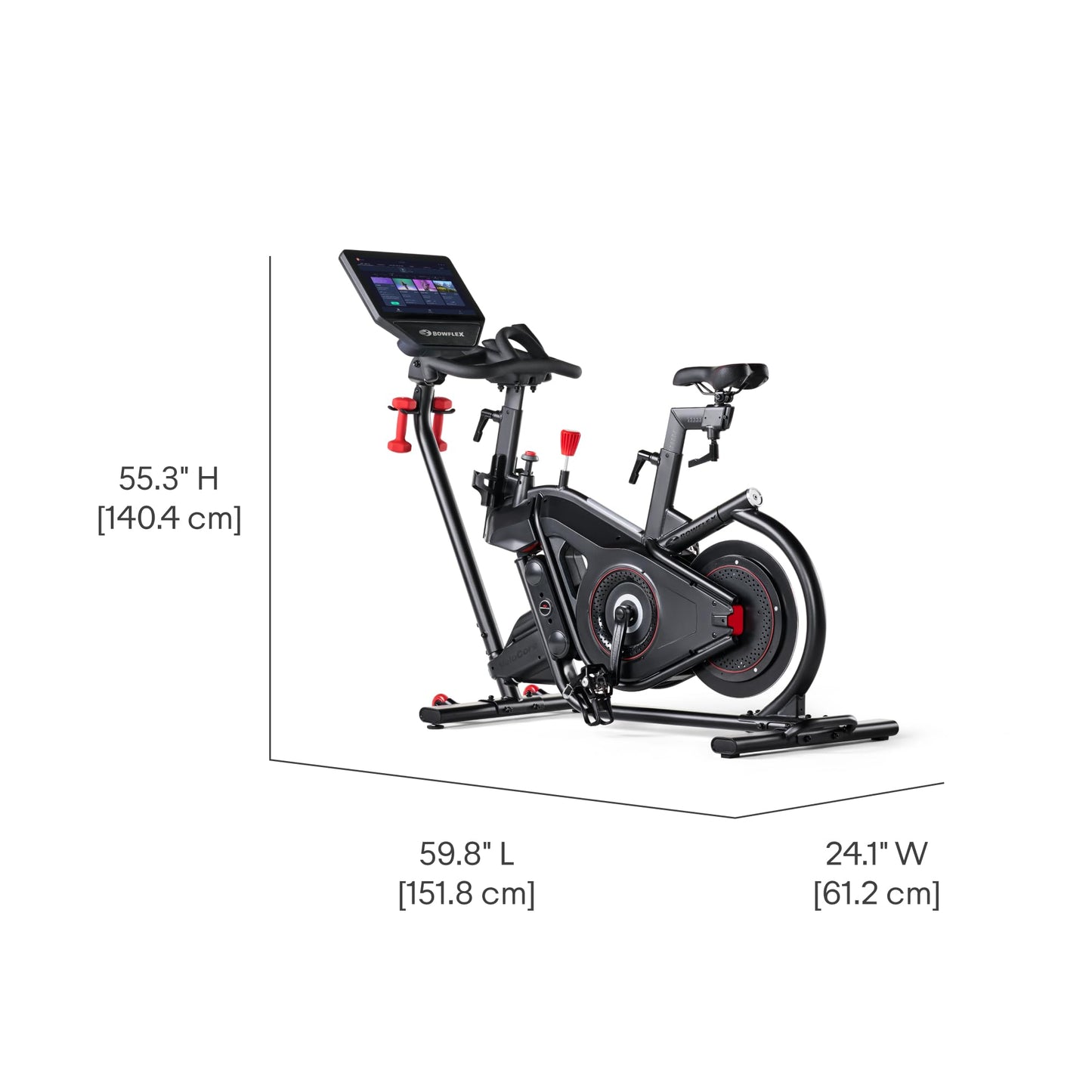 Exercise bike with dimensions labeled on a white background