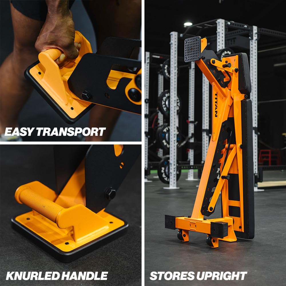Gym equipment with yellow and black design, featuring text on transport, handle, and storage.