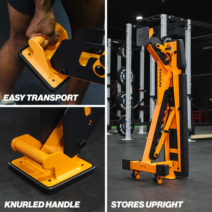 Gym equipment with yellow and black design, featuring text on transport, handle, and storage.