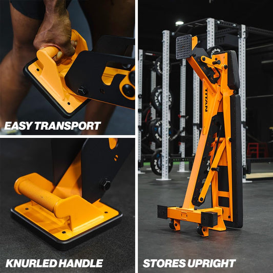 Gym equipment with yellow and black design, featuring text on transport, handle, and storage.