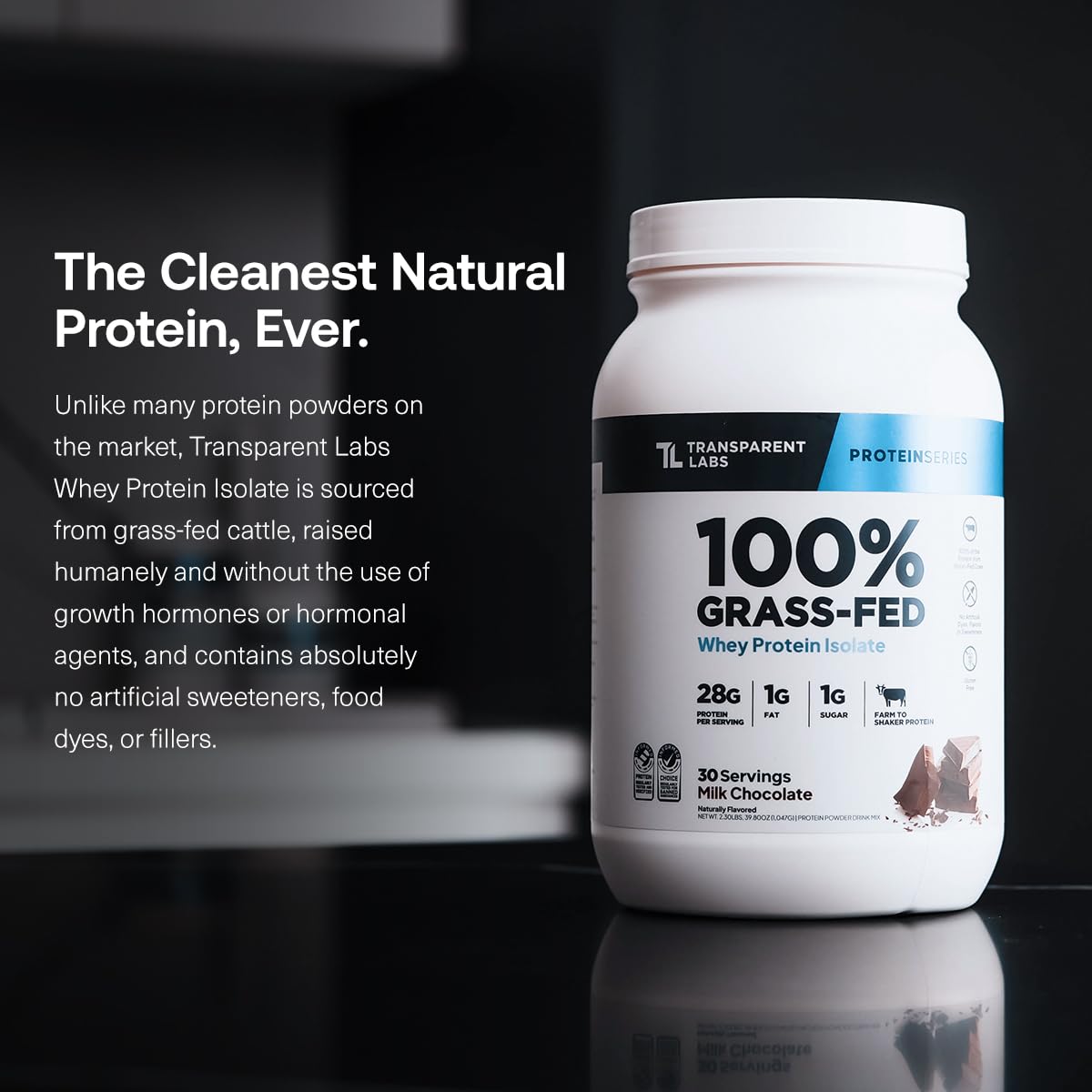 Transparent Labs 100% Grass-Fed protein powder container on a dark background