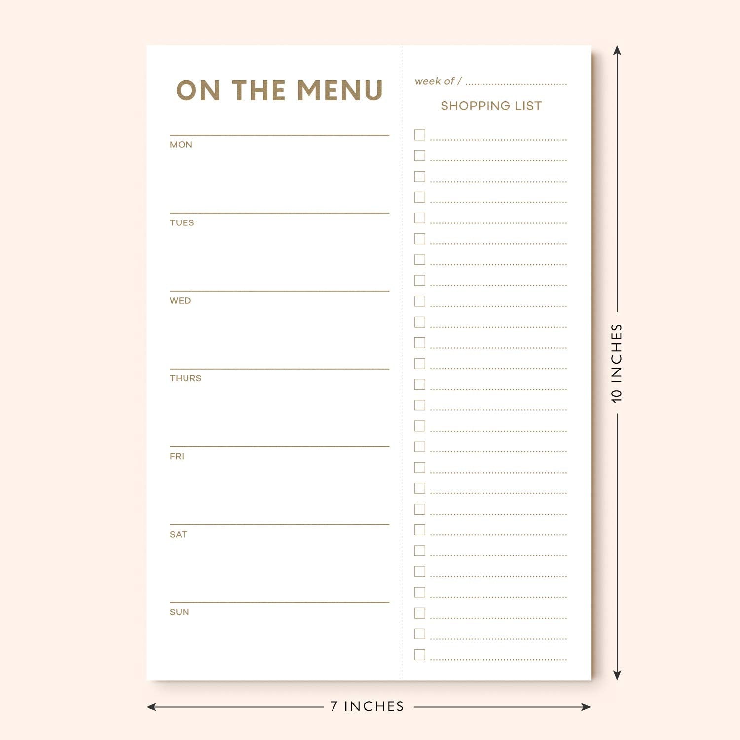 Menu planning and shopping list notepad with dimensions on a beige background