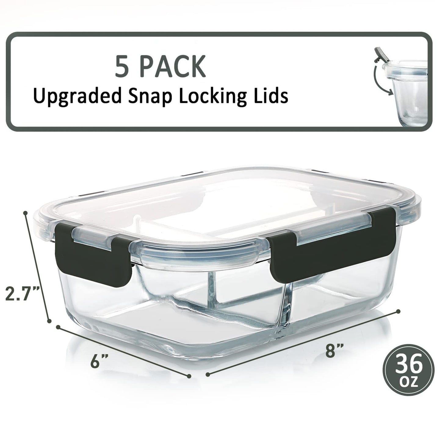 Clear glass food storage container with black lids and measurements on a white background