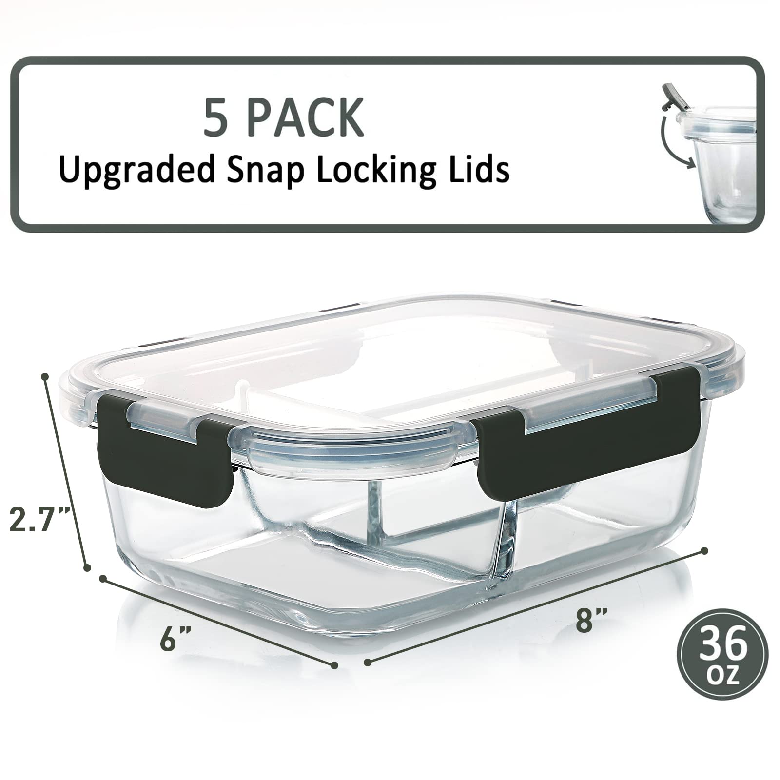 Clear glass food storage container with black lids and measurements on a white background