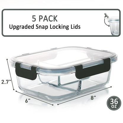 Clear glass food storage container with black lids and measurements on a white background