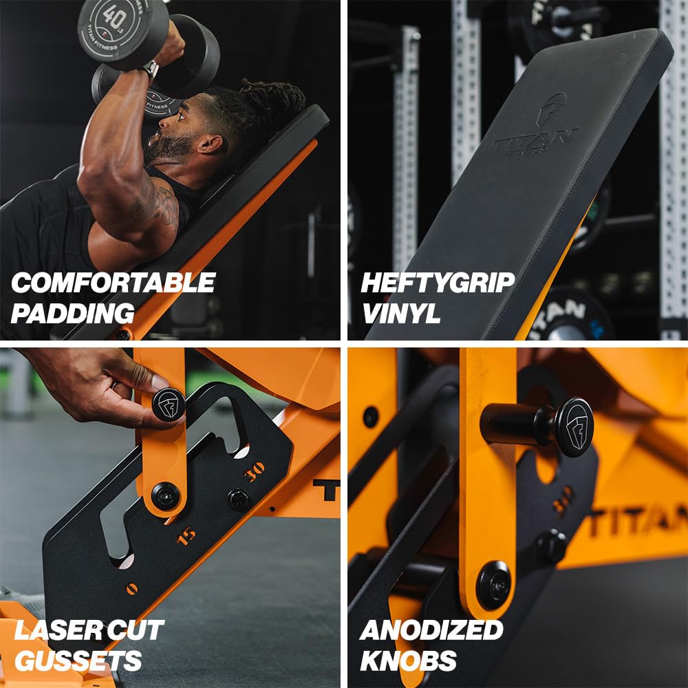 Collage of a fitness bench with features highlighted, including comfortable padding, heftygrip vinyl, laser cut gussets, and anodized knobs.