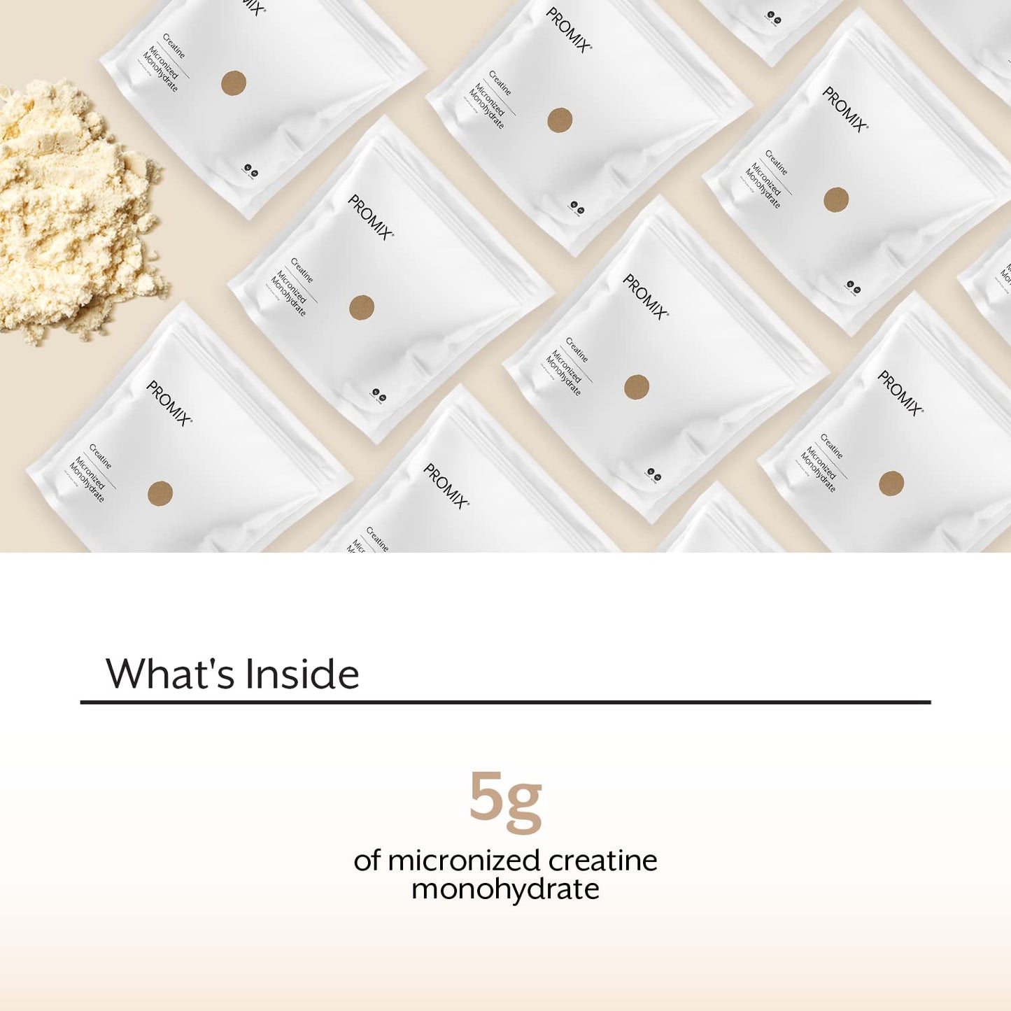 Promax creatine monohydrate packages on a beige background with text about microwized creatine monohydrate content.