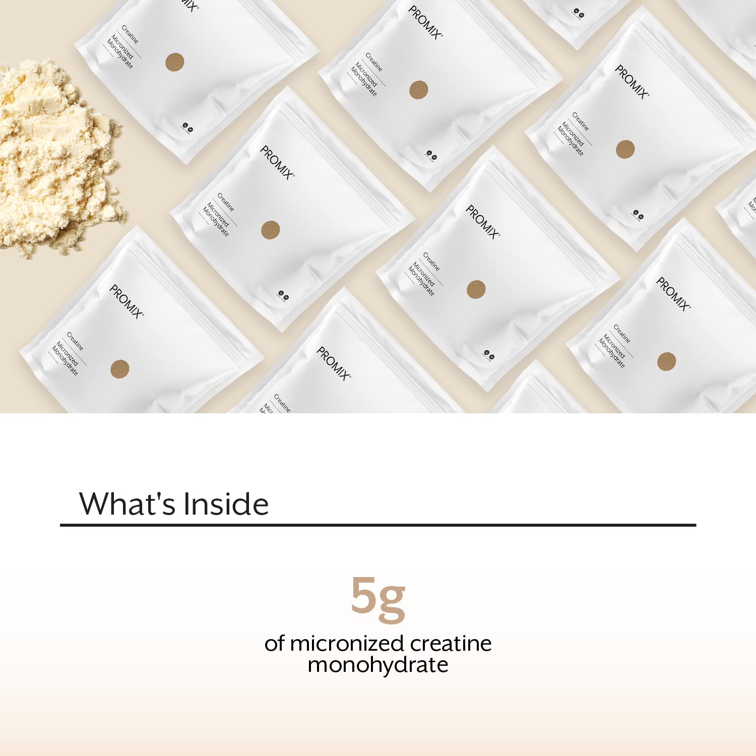 Promax creatine monohydrate packages on a beige background with text about microwized creatine monohydrate content.