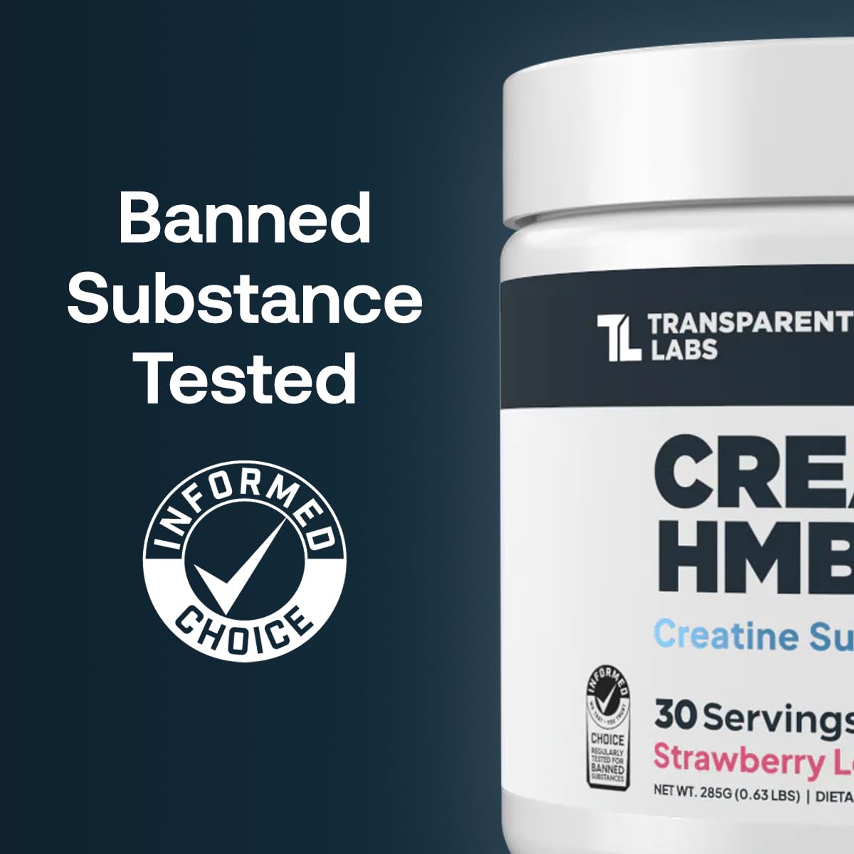 Supplement container with 'Transparent Labs' branding and 'Banned Substance Tested' text on a dark background.