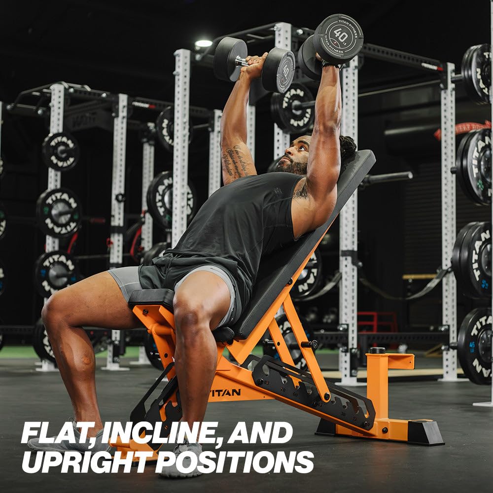 Person using a weight bench with dumbbells in a gym setting