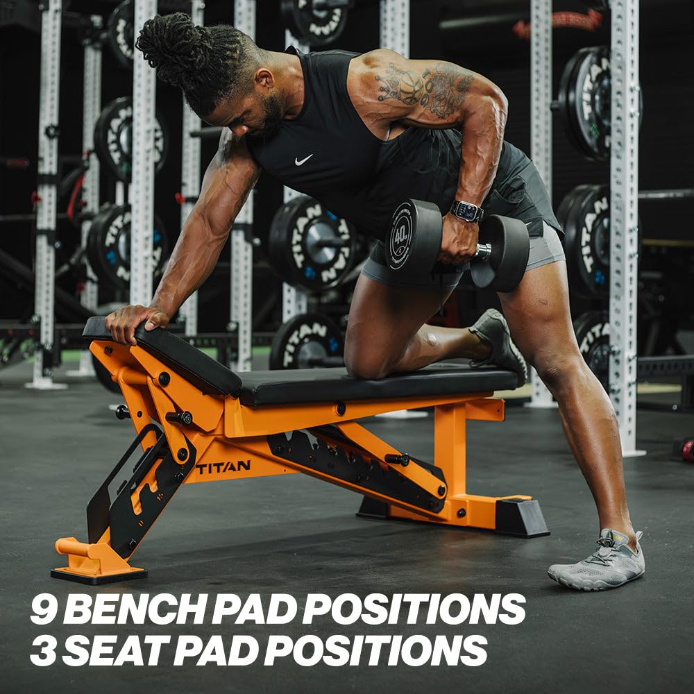 Person using a weight bench with dumbbell in a gym setting
