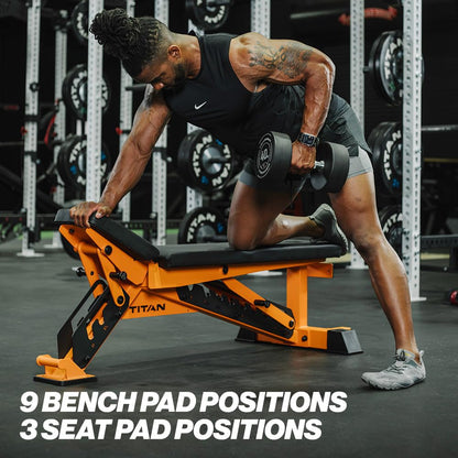 Person using a weight bench with dumbbell in a gym setting