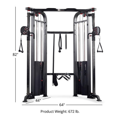 Gym equipment with dimensions and weight displayed on a white background